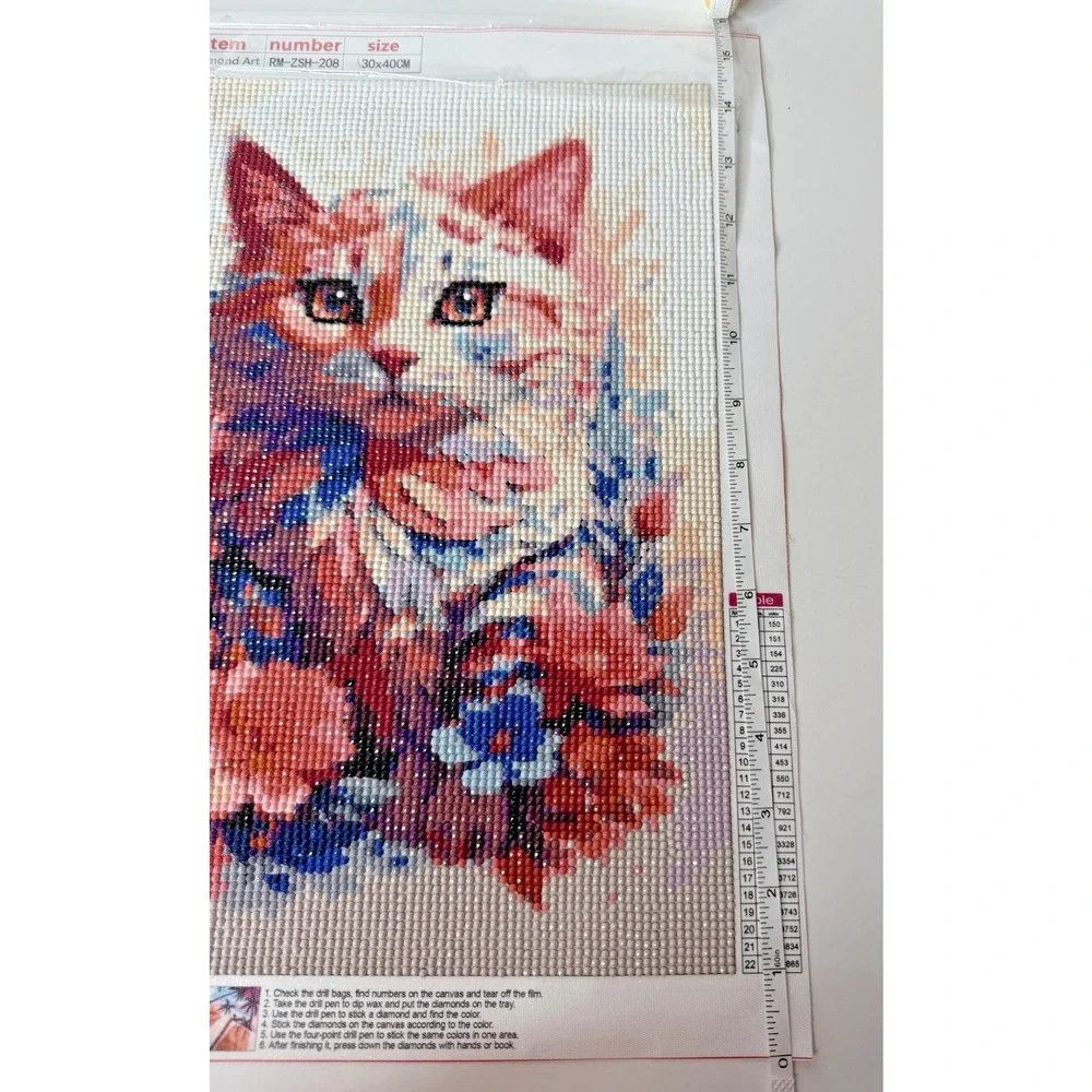 Completed Diamond Art Floral Cat Portrait Watercolor Kitten Wall Décor 12